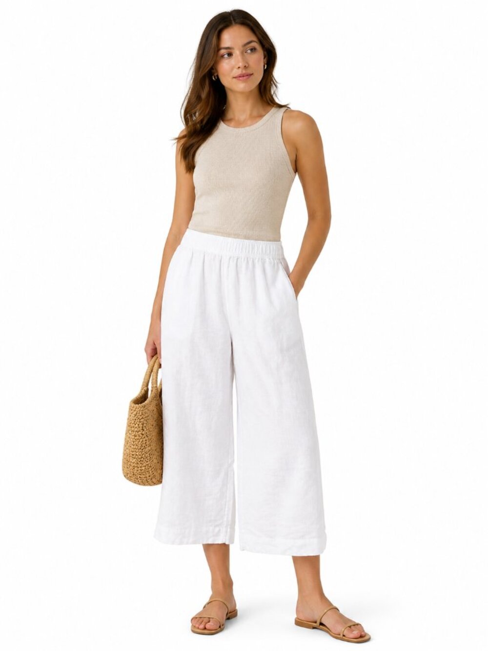 Tahari White Wide-Leg Linen Blend Pants